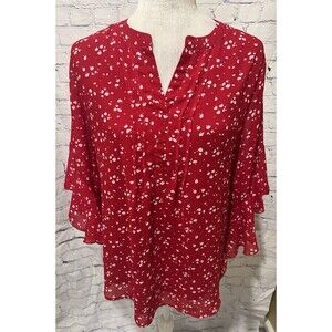 Timeson 3/4 Sleeve Tops Dressy Casual Blouses Chiffon Red & White Size Medium